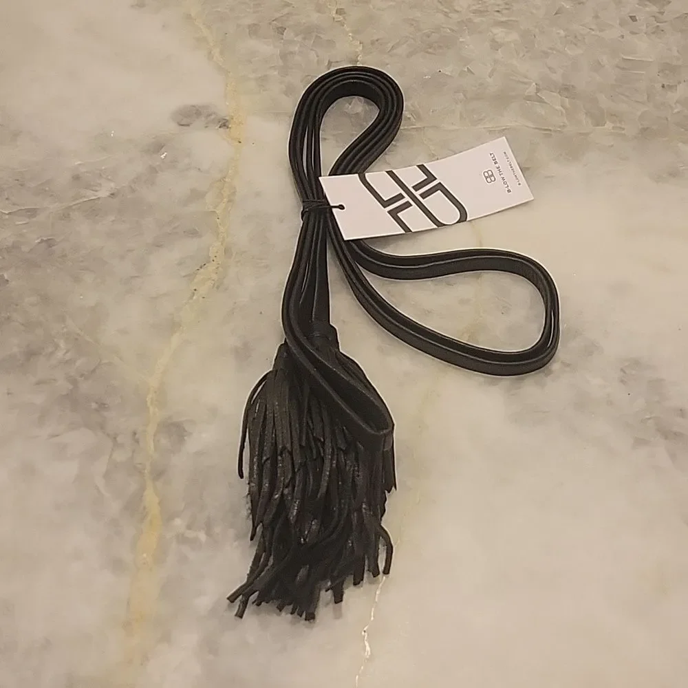 NWT B-Low The Belt Leather Gatsby Whip Black Fringe Tassel Boho Waist Cinch Wrap